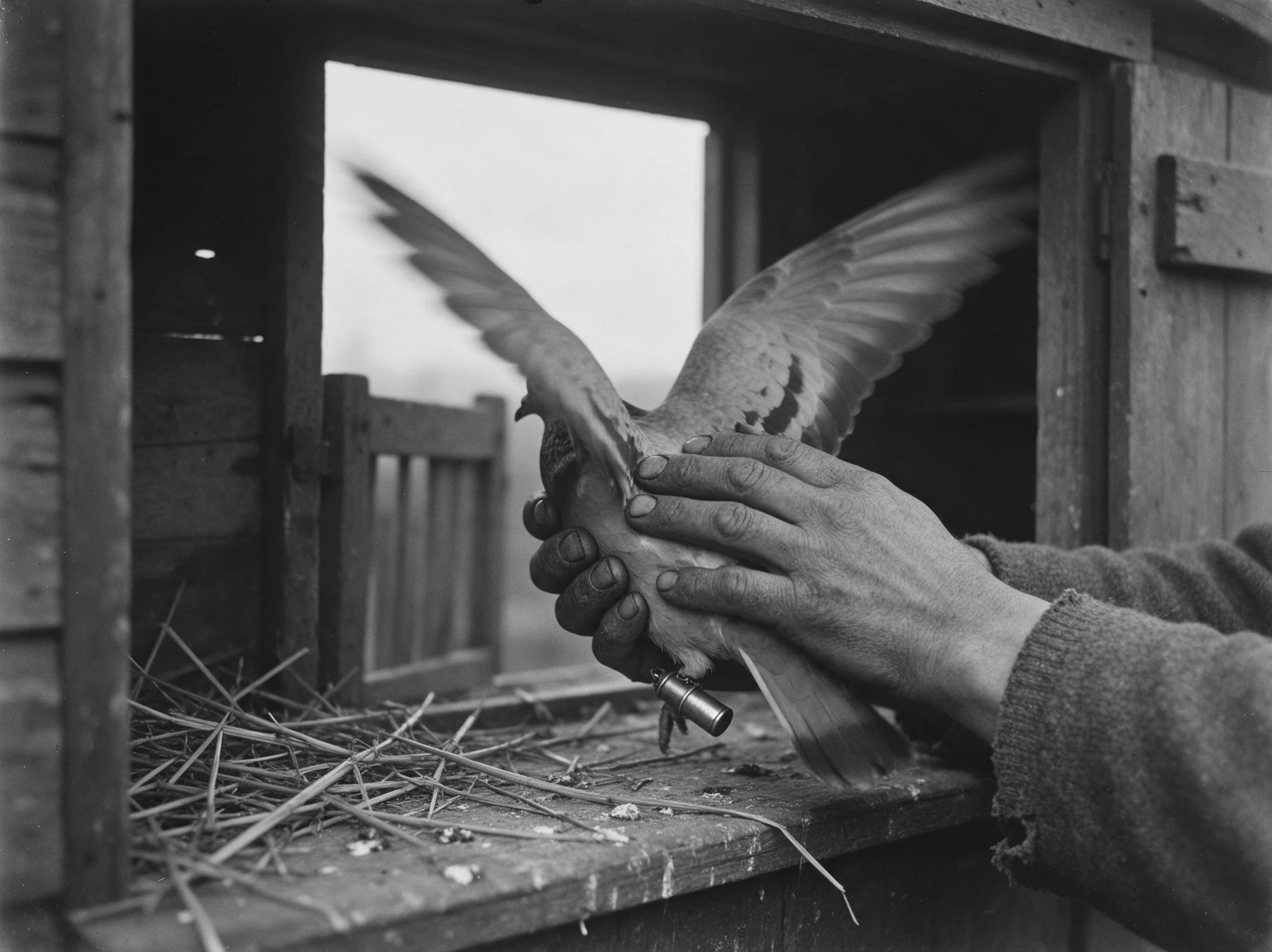 Two hands release a pigeon from a loft door, a message capsule on its leg