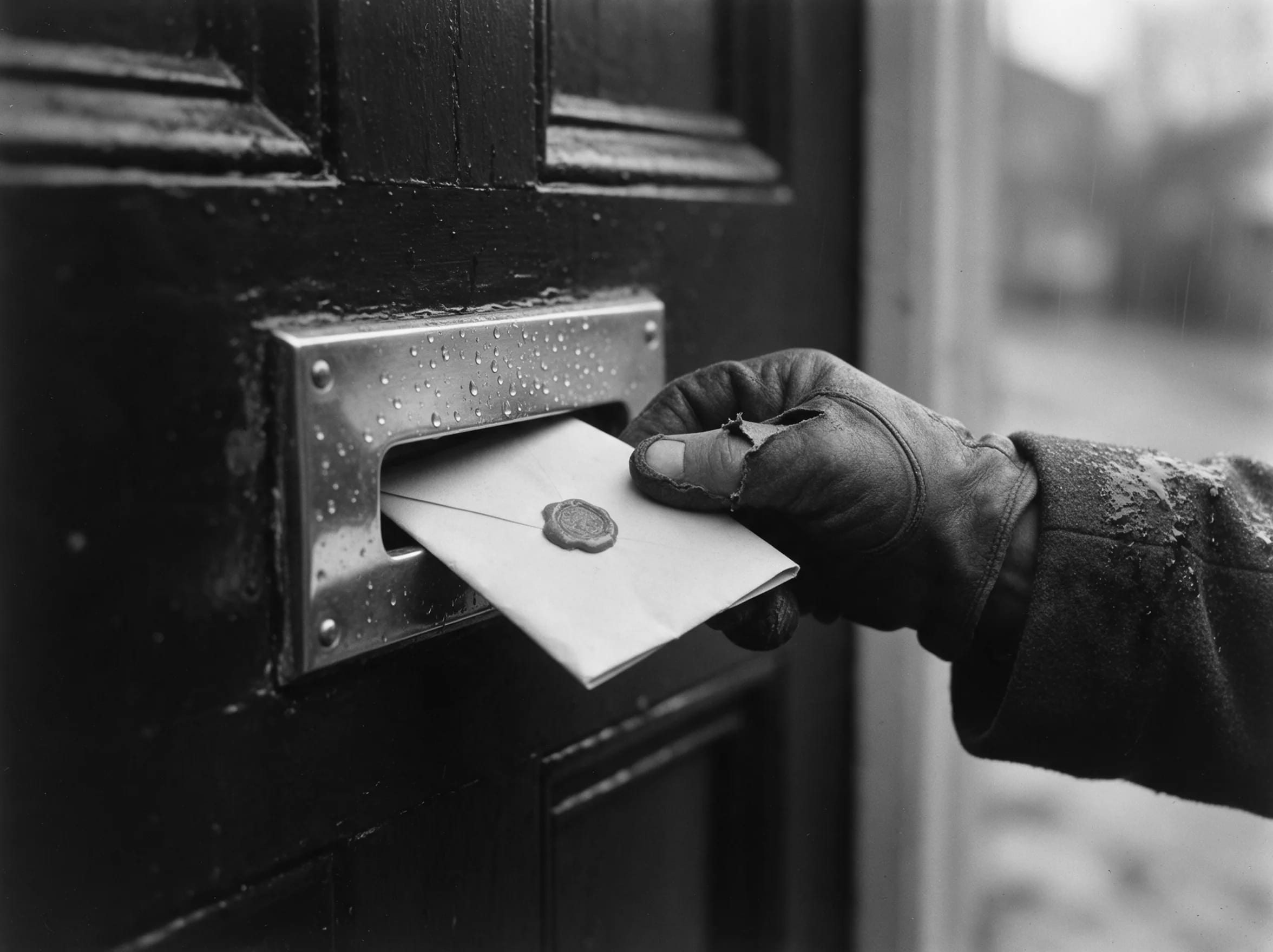 A gloved hand pushes a sealed letter through a brass door slot in the rain