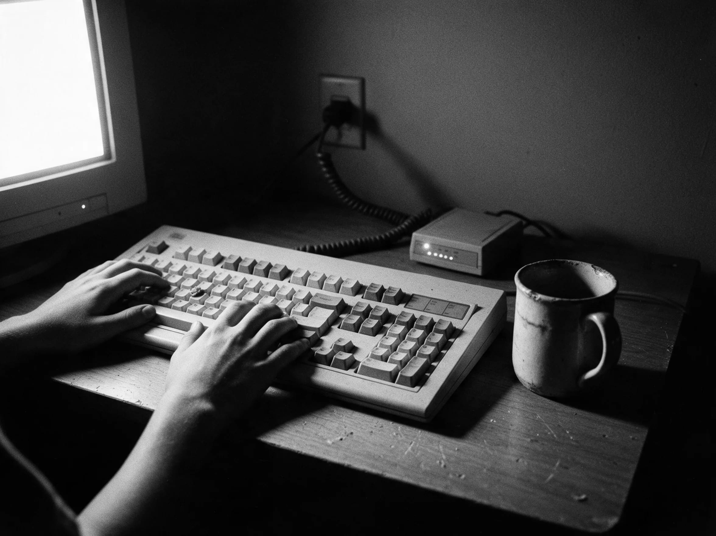 Hands on a beige keyboard at night beside a small modem