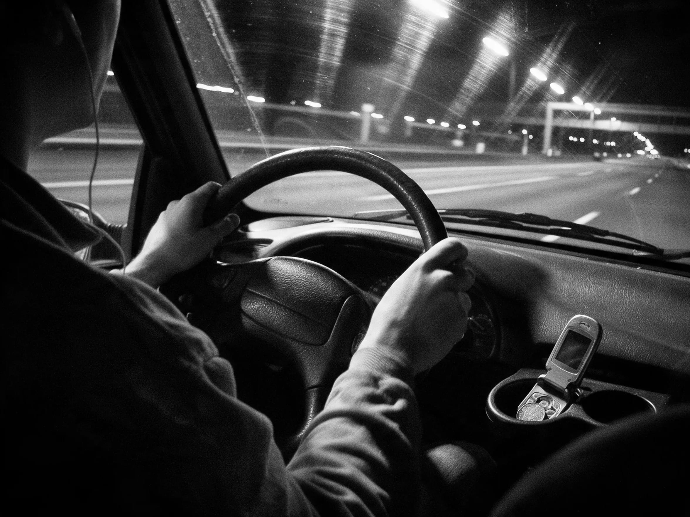 A driver's hands on the wheel at night, an earphone cable running to his ear
