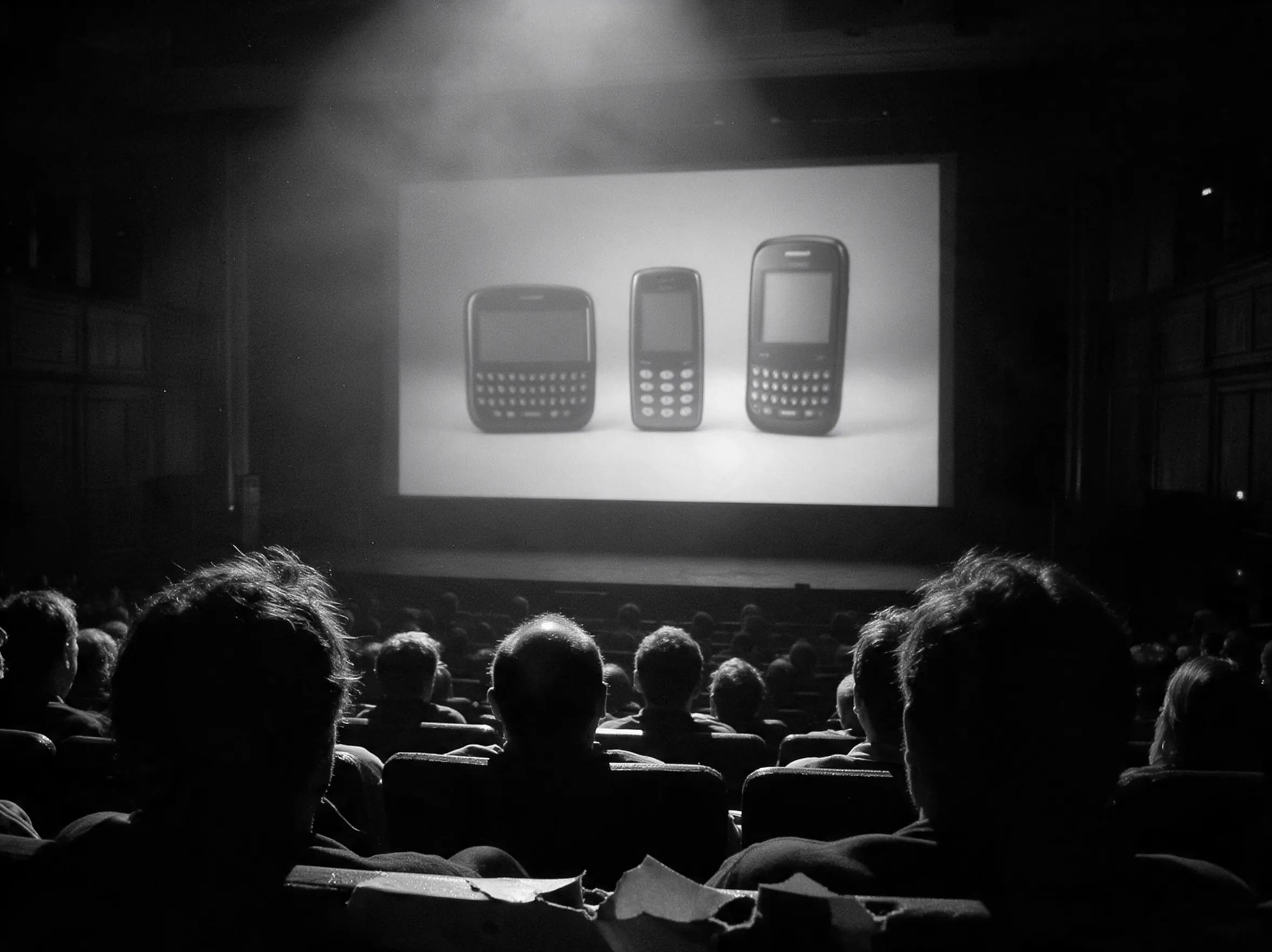From the back row of a dark hall, a huge screen shows three phones of the day side by side, each with a keyboard on its face