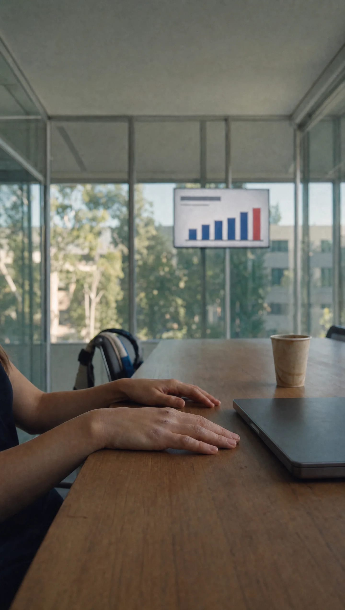 A woman's relaxed hands on a meeting-room table, her slides with a bar chart up on the wall screen behind, a gym bag strap on the chair