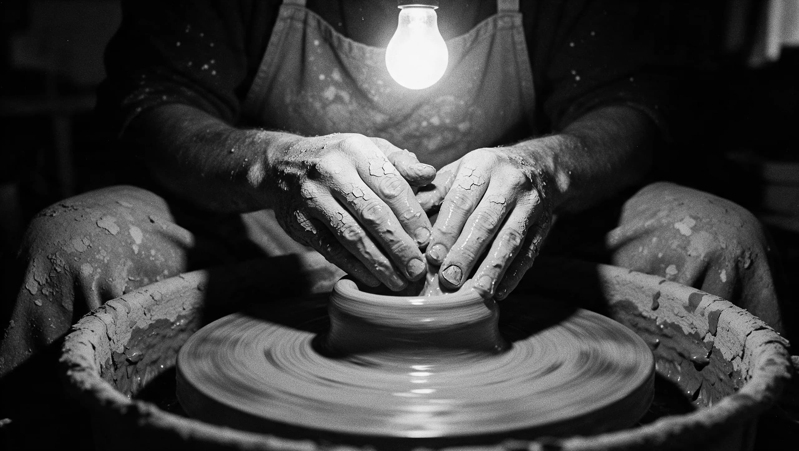 A potter's hands centring wet clay on a wheel