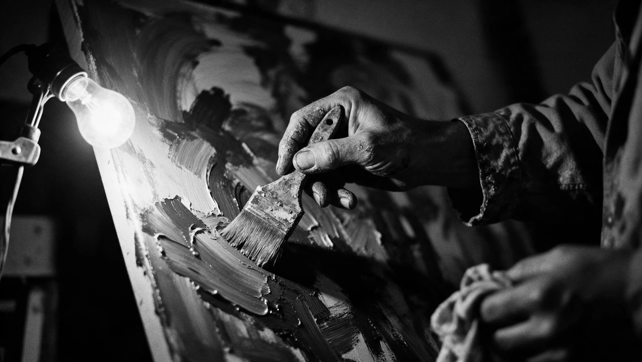 A painter's hand pressing a brush into thick paint