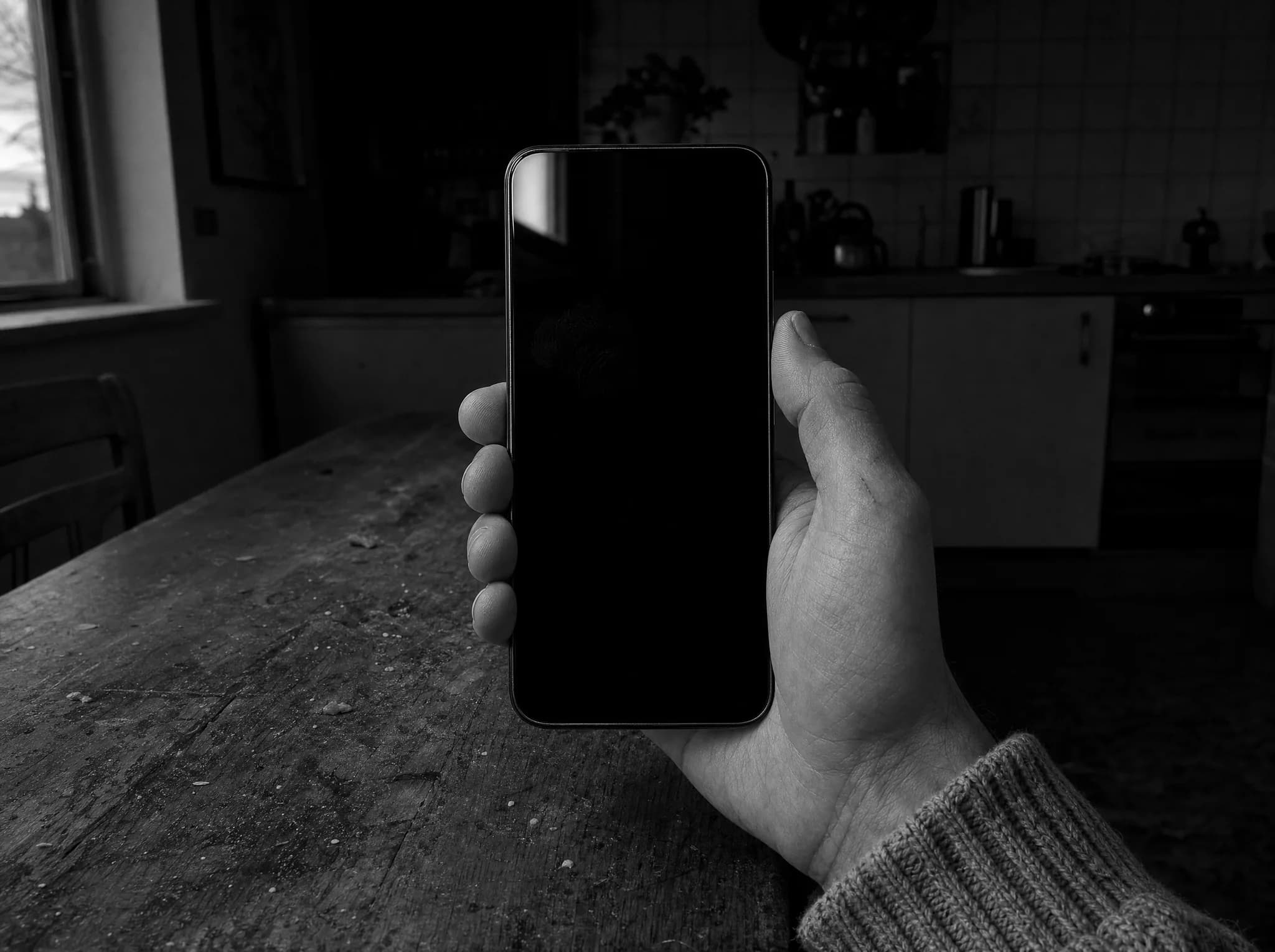 A hand holding a phone square to the camera over a kitchen table