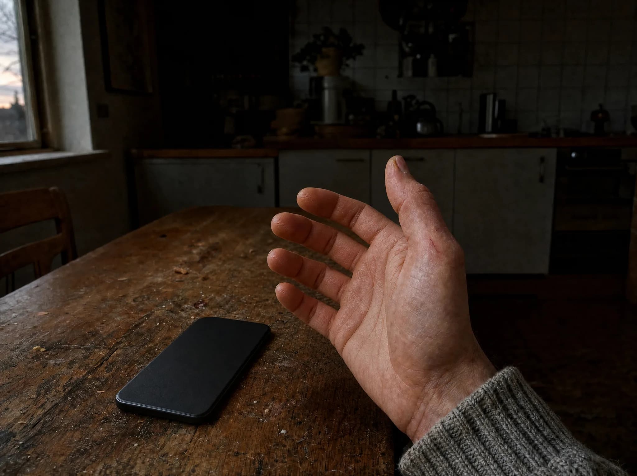 The same hand, open and empty, the phone face down on the table
